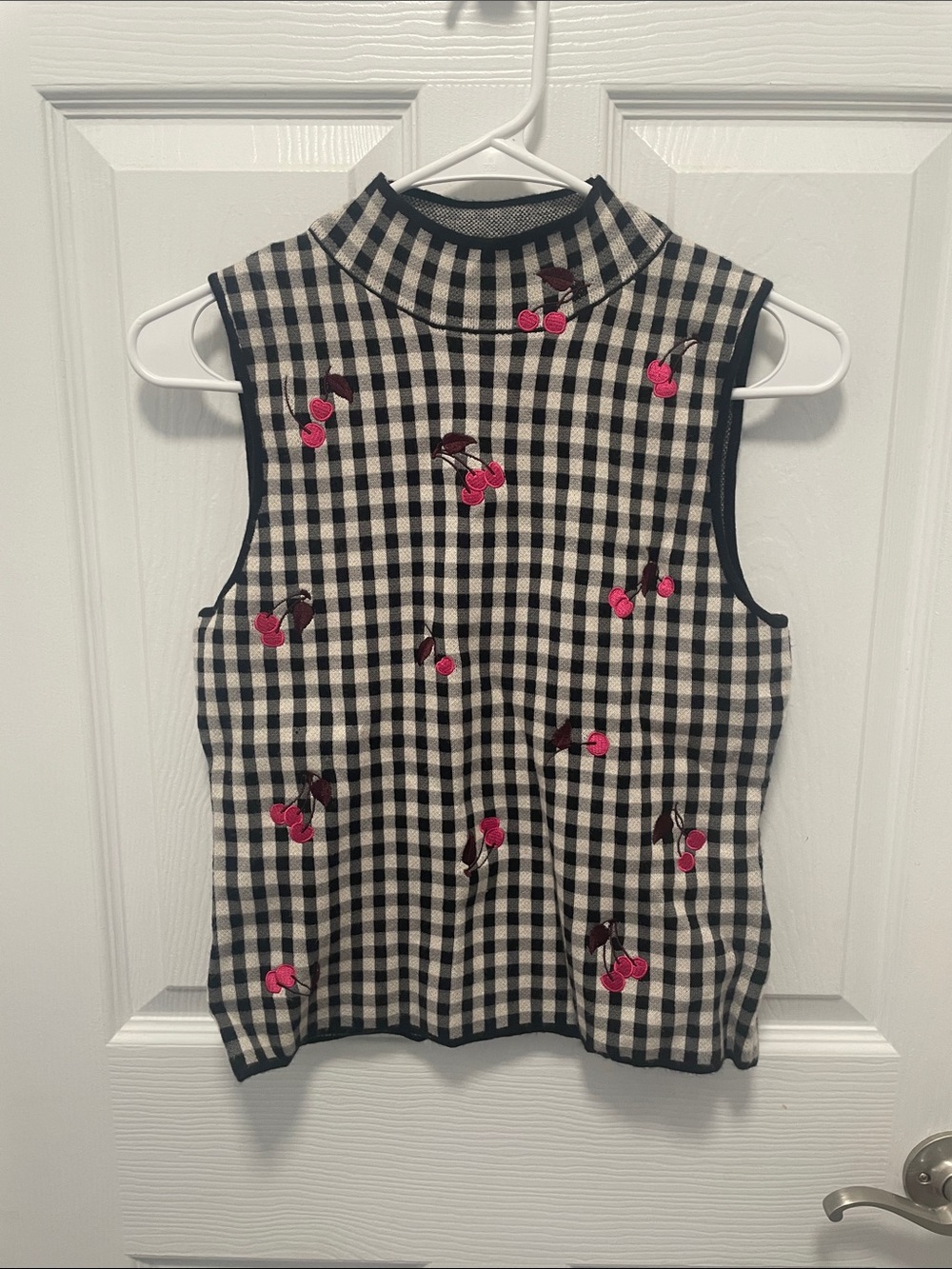Maeve-Anthropologie Black & White Gingham Mock Neck Tank with Pink Cherry